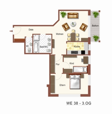 3-Zimmerwohnung mit Balkon und Lift - Grundriss